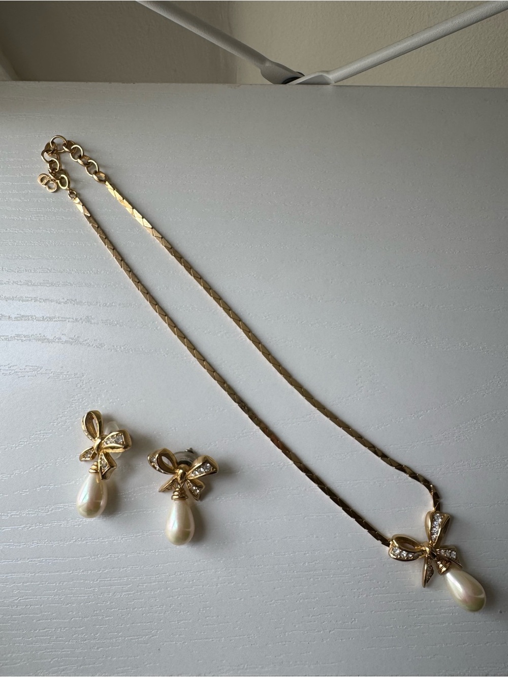 Vintage Dior Gold Bow Pearl Drop Necklace and Earrings Set
